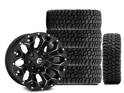 17x9 Fuel Wheels Assault & 34in Mickey Thompson All-Terrain Baja Boss Tire Package; Set of 5 (18-24 Jeep Wrangler JL)