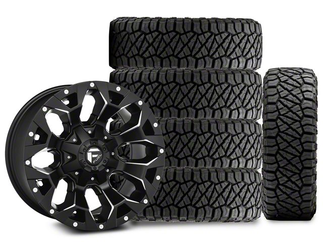 17x9 Fuel Wheels Assault & 34in NITTO All-Terrain Ridge Grappler A/T Tire Package; Set of 5 (07-18 Jeep Wrangler JK)