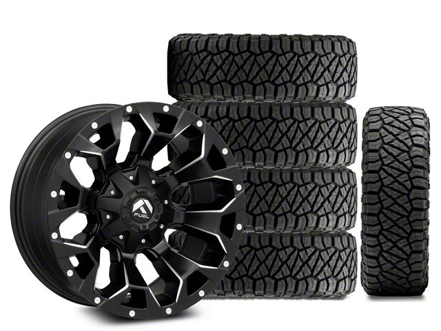 18x9 Fuel Wheels Assault & 35in NITTO All-Terrain Ridge Grappler A/T Tire Package; Set of 5 (18-24 Jeep Wrangler JL)