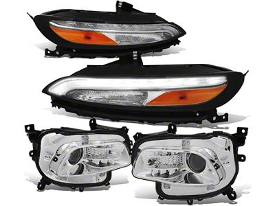 LED DRL Projector Headlights with Amber Corners; Chrome Housing; Clear Lens (14-18 Jeep Cherokee KL w/ Factory Halogen Headlights)