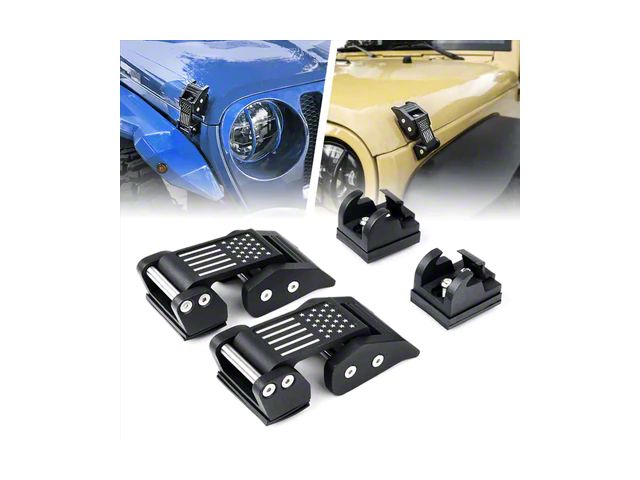 Aluminum Hood Latch Kit with Flag; Black (20-24 Jeep Gladiator JT))