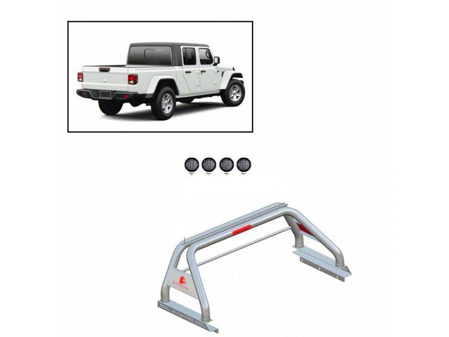 Classic Roll Bar with 5.30-Inch Black Round Flood LED Lights; Stainless Steel (20-24 Jeep Gladiator JT w/ Tonneau Cover)