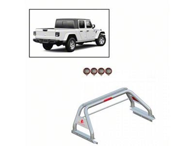 Classic Roll Bar with 5.30-Inch Red Round Flood LED Lights; Stainless Steel (20-24 Jeep Gladiator JT w/ Tonneau Cover)