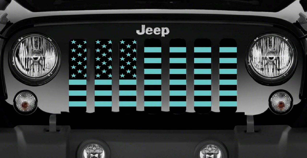 Jeep Gladiator Grille Insert; Black and Teal American Flag with High ...