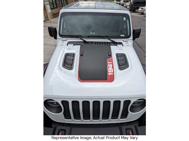 Hood Stripe with 1941 Logo; Matte Black with Matte Black Pinstripe (20-24 Jeep Gladiator JT, Excluding Launch Edition, Mojave & Rubicon)