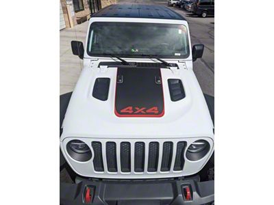 Hood Stripe with 4x4 Logo; Matte Black with Red Pinstripe (20-24 Jeep Gladiator JT Launch Edition, Rubicon)