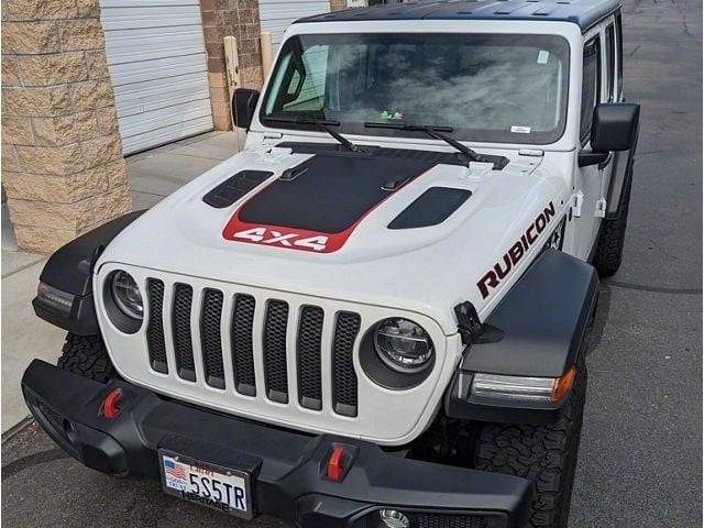 V3 Hood Stripe with 4x4 Logo; Matte Black with Red Pinstripe (20-24 Jeep Gladiator JT Launch Edition, Rubicon)