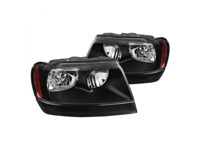 Factory Style Crystal Headlights; Matte Black Housing; Clear Lens (99-04 Jeep Grand Cherokee WJ)