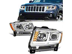 LED DRL Projector Headlights with Amber Corners; Chrome Housing; Smoked Lens (11-13 Jeep Grand Cherokee WK2 w/ Factory Halogen Headlights)