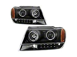 LED Halo Projector Headlights; Black Housing; Clear Lens (99-04 Jeep Grand Cherokee WJ)