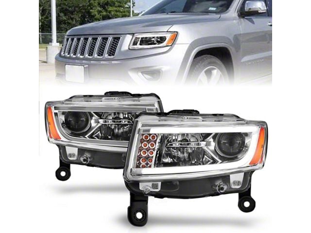 Plank Style Projector Headlights; Chrome Housing; Clear Lens (14-15 Jeep Grand Cherokee WK2 w/ Factory Halogen Headlights)