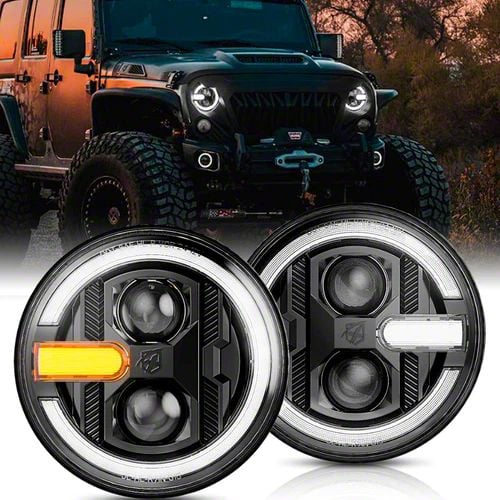 Jeep Wrangler 7-Inch Halo Headlights with DRL and Turn Signals; Black ...