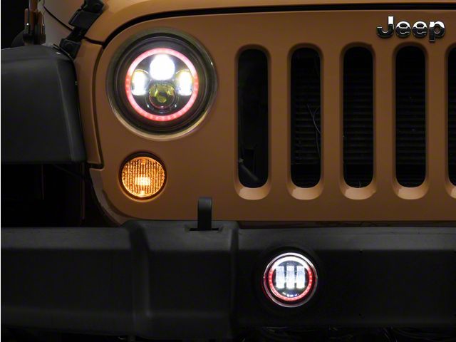 7-Inch LED Headlights and 4-Inch LED Fog Lights with ColorSMART RGB; Black Housing; Clear Lens (97-18 Jeep Wrangler TJ & JK)