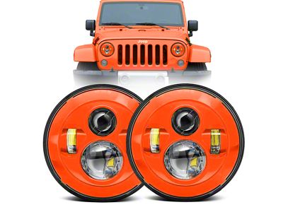 7-Inch Round Colored LED Headlights; Orange Housing; Clear Lens (97-18 Jeep Wrangler TJ & JK)