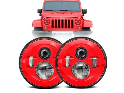 7-Inch Round Colored LED Headlights; Red Housing; Clear Lens (97-18 Jeep Wrangler TJ & JK)