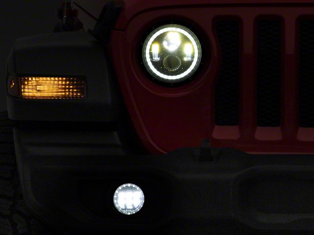 Quake LED Tempest 9-Inch HD Headlights and 4-Inch Fog Lights with White DRL Halo and Amber Turn Signal; Black Housing; Clear Lens (18-24 Jeep Wrangler JL)