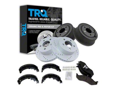 Ceramic Performance Brake Rotor, Pad and Drum Kit; Front and Rear (1999 Jeep Wrangler TJ w/ 3-Inch Cast Rotors; 00-01 Jeep Wrangler TJ)