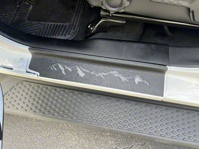 Front Door Sill Protection with Mountain Logo; Black (18-24 Jeep Wrangler JL)