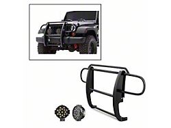 Grille Guard with 7-Inch Black Round LED Lights; Black (07-18 Jeep Wrangler JK)