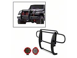 Grille Guard with 7-Inch Red Round LED Lights; Black (07-18 Jeep Wrangler JK)