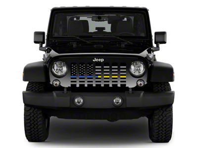 Grille Insert; Black and Gray American Flag with Blue/Gold Line (18-24 Jeep Wrangler JL w/ TrailCam)