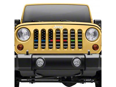 Grille Insert; Black and Gray American Flag with Blue/Red/Green Line (18-24 Jeep Wrangler JL w/ TrailCam)