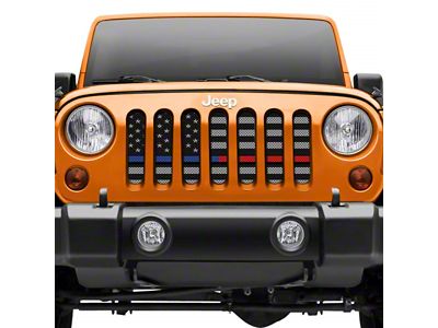 Grille Insert; Black and Gray American Flag with Blue/Red Line (18-24 Jeep Wrangler JL w/ TrailCam)