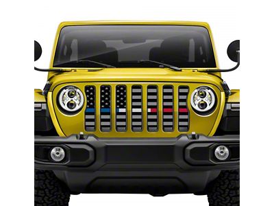 Grille Insert; Black and Gray American Flag with Blue/Red/White Line (18-24 Jeep Wrangler JL w/ TrailCam)