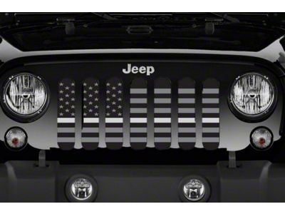 Grille Insert; Black and Gray American Flag with Corrections Silver Stripe (18-24 Jeep Wrangler JL w/ TrailCam)