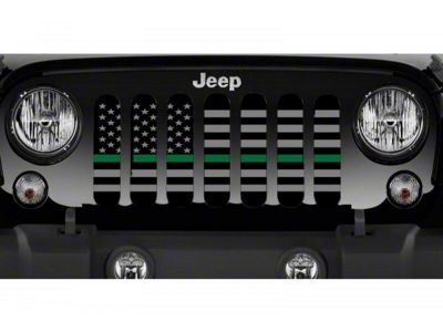 Grille Insert; Black and Gray American Flag with Military Green Line (18-24 Jeep Wrangler JL w/ TrailCam)