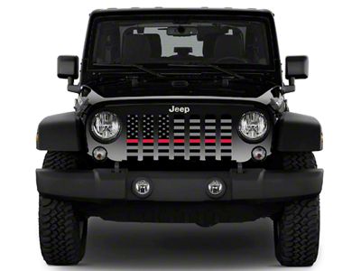 Grille Insert; Black and Gray American Flag with Red Line (18-24 Jeep Wrangler JL w/ TrailCam)