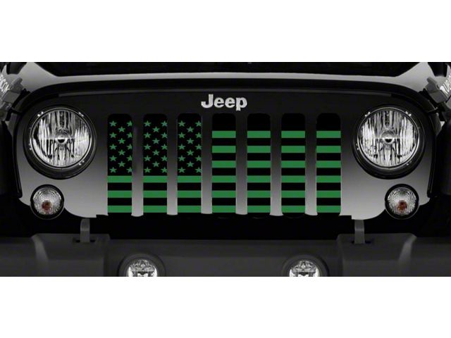 Grille Insert; Black and Green American Flag (18-24 Jeep Wrangler JL w/o TrailCam)