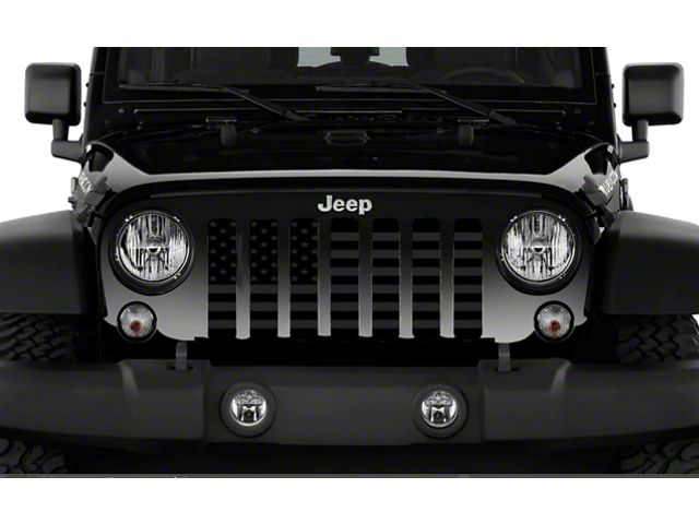 Grille Insert; Black on Black American Flag with High Gloss Black Stripes on a Matte Black Background (18-24 Jeep Wrangler JL w/ TrailCam)