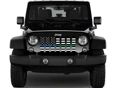 Grille Insert; Black and White American Flag with Blue/Green Line (18-24 Jeep Wrangler JL w/ TrailCam)