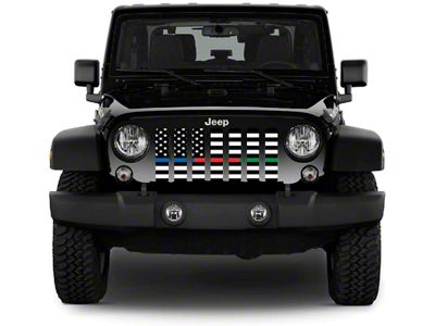 Grille Insert; Black and White American Flag with Blue/Red/Green Line (18-24 Jeep Wrangler JL w/ TrailCam)