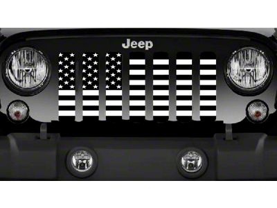 Grille Insert; Black and White American Flag with High Gloss Black Stripes on a Matte White Background (18-24 Jeep Wrangler JL w/o TrailCam)