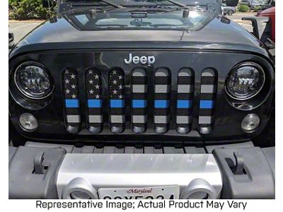 Grille Insert; Police Blue Line on a Black and White Flag (18-24 Jeep Wrangler JL)