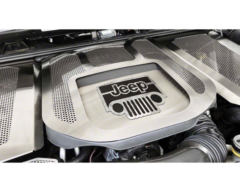 Perforated Engine Shroud with Jeep Logo; Brushed; Black Carbon Fiber (12-18  3.6L Jeep Wrangler JK)