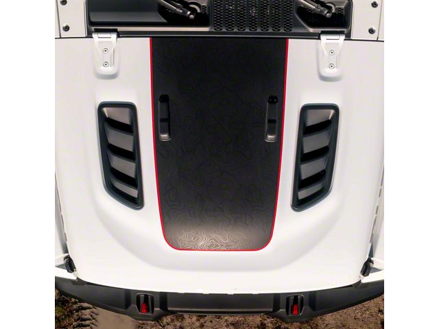 Topographic Map Hood Graphic without Windshield Bumper Cutouts; Black with Red Outline (18-24 Jeep Wrangler JL Rubicon)