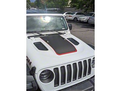 V2 Hood Stripe; Matte Black with Red Pinstripe (18-25 Jeep Wrangler JL Rubicon)