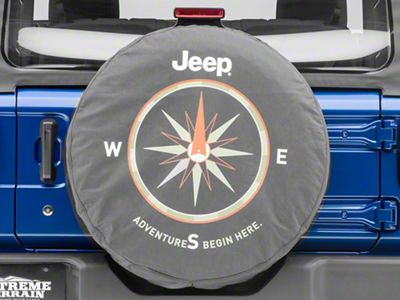 Mopar Spare Tire Cover with Adventures Begin Here Logo; Black Denim (66-18 Jeep CJ5, CJ7, Wrangler YJ, TJ & JK)