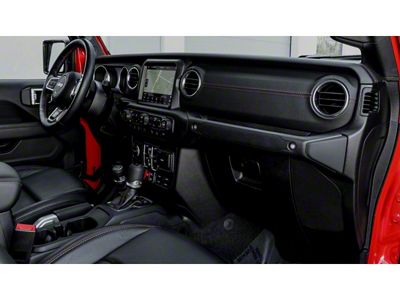 Mopar Passenger Side Dashboard Panel Trim; Black Leather with Red Stitching (18-25 Jeep Wrangler JL)