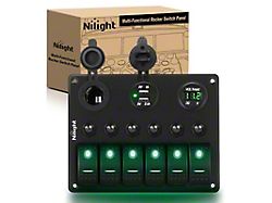 6-Gang Toggle Rocker Switch Panel with Digital Voltmeter and Cigarette Socket Double USB Power Charger Adapter; Green LED (Universal; Some Adaptation May Be Required)