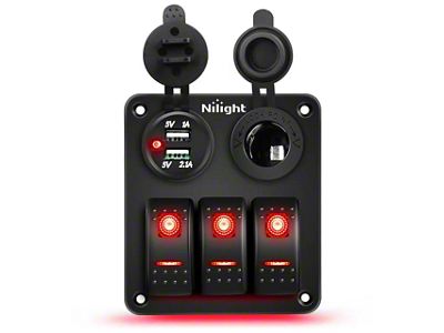 3-Gang Aluminum Rocker Switch Panel with USB and Cigarette Lighter Power; Red LED (Universal; Some Adaptation May Be Required)