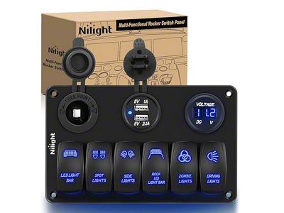 6-Gang Aluminum Rocker Switch Panel with USB and Cigarette Lighter Power; Blue LED (Universal; Some Adaptation May Be Required)
