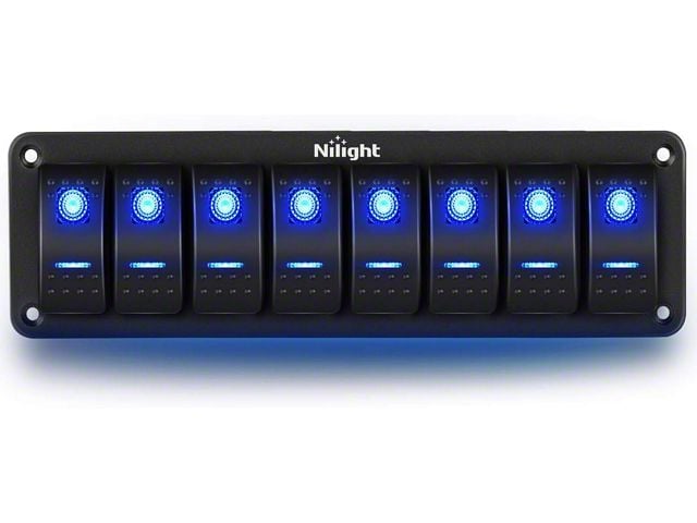 8-Gang Aluminum Rocker Switch Panel with Rocker Switches; Blue LED (Universal; Some Adaptation May Be Required)