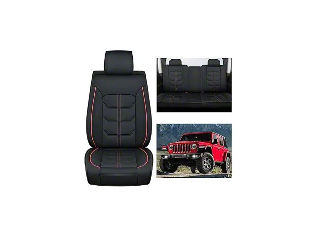 Waterproof Leather Front and Rear Seat Covers; Black and Red (20-24 Jeep Gladiator JT)