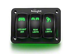 3-Gang Aluminum Rocker Switch Panel with Rocker Switches; Green LED (Universal; Some Adaptation May Be Required)