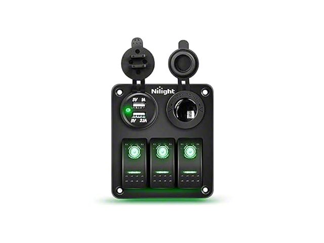 3-Gang Aluminum Rocker Switch Panel with USB and Cigarette Lighter Power; Green LED (Universal; Some Adaptation May Be Required)