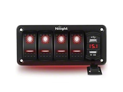 4-Gang Rocker Switch Panel with Dual USB Chargers and Voltmeter; Red LED (Universal; Some Adaptation May Be Required)